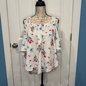 True Destiny White Floral Cold Shoulder Ruffle Blouse Red Blue Size XL